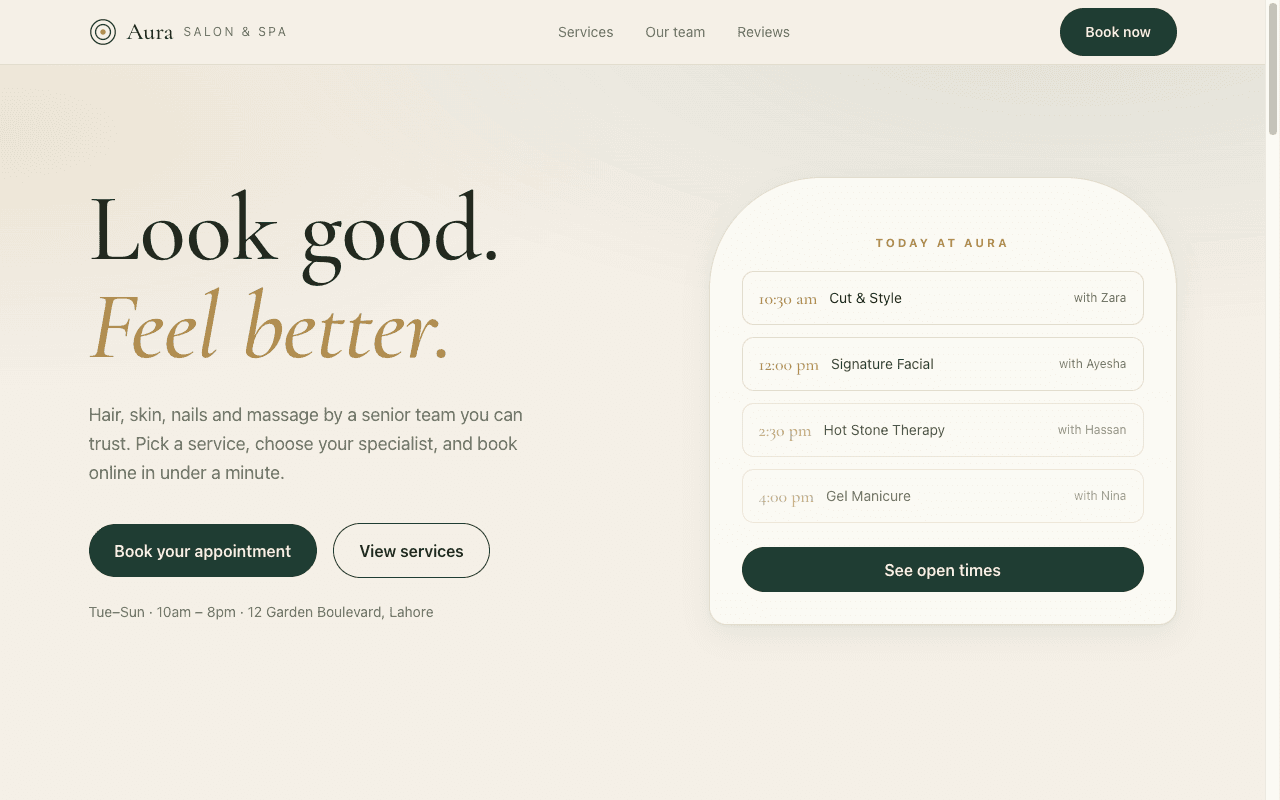 Aura Salon & Spa — live demo screenshot
